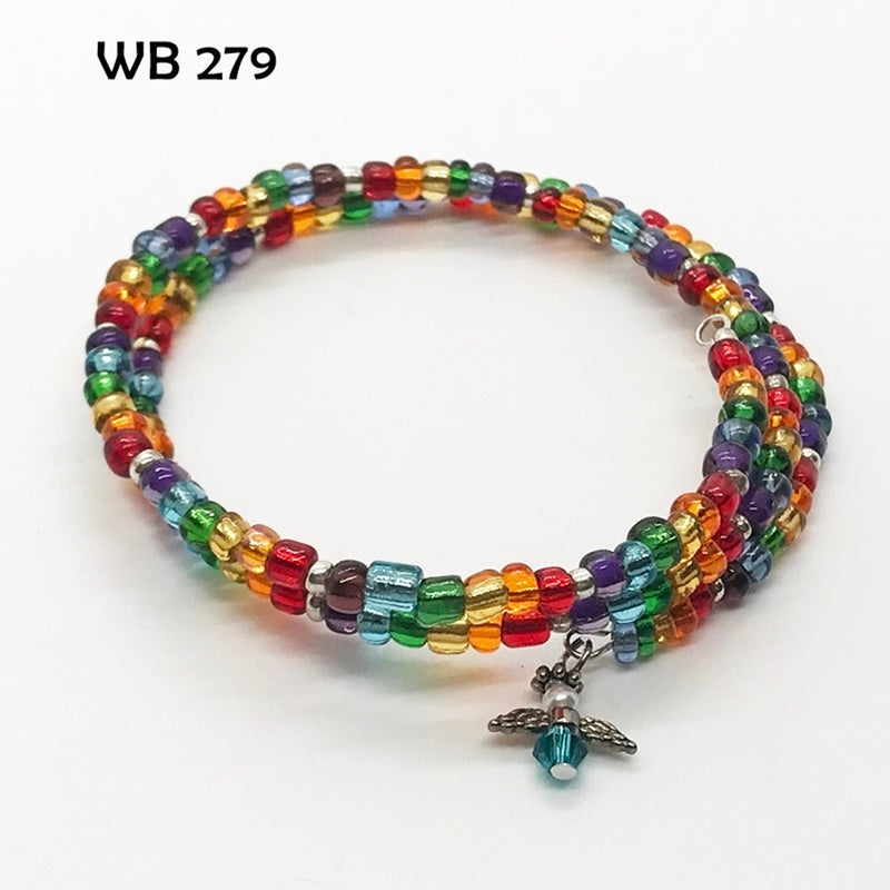 Rainbow Seed Bead Memory Wire Bracelet with Tiny Angel Dangle