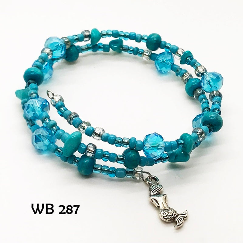 Shades of Blue Crystal & Seed Bead  Memory Wire Bracelet with Mermaid Dangle