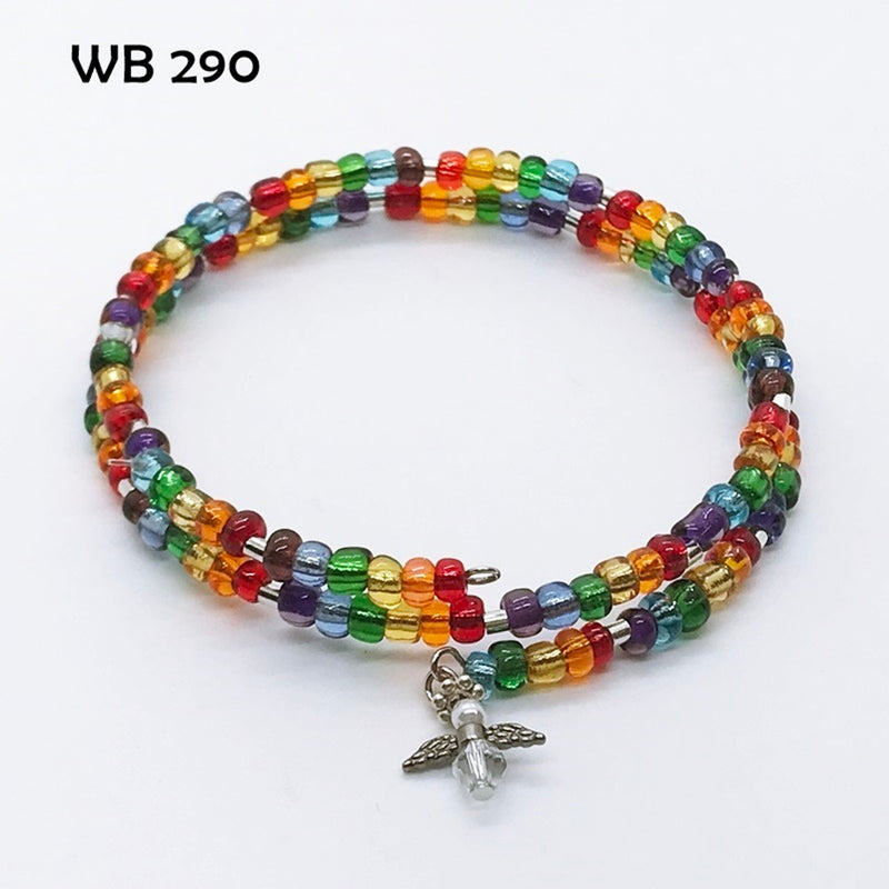 Rainbow Seed Bead Memory Wire Bracelet with Tiny Angel Dangle