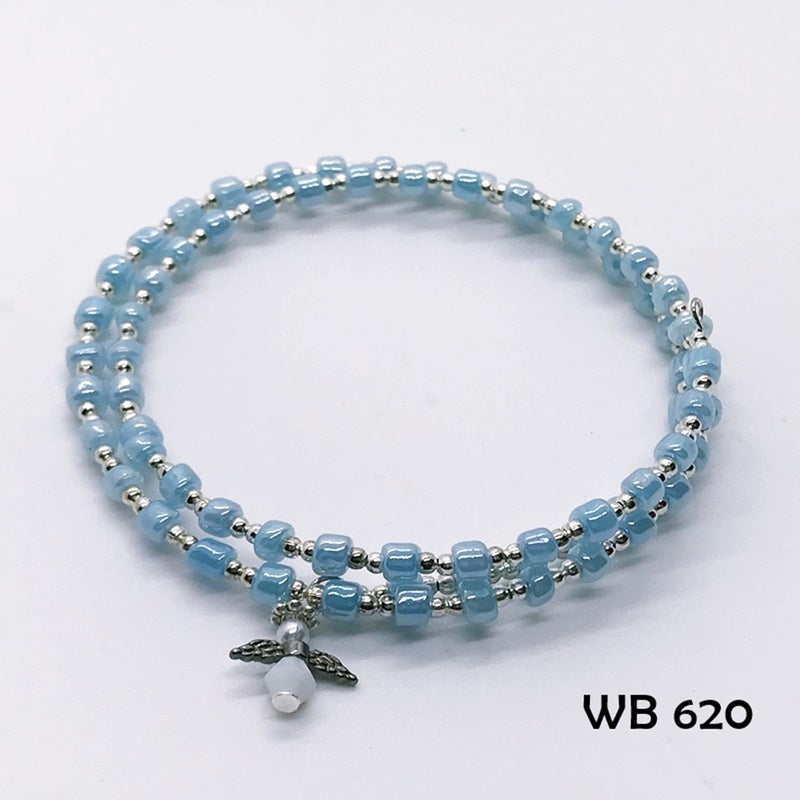 Pale Blue and Silver Memory Wire Bracelet with Guardian Angel Dangle