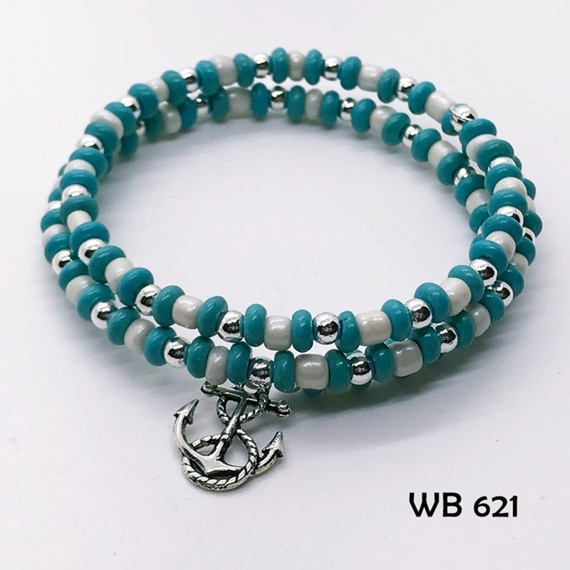 Teal Silver and White Pearl Seed Bead Memory Wire Bracelet with Anchor Dangle