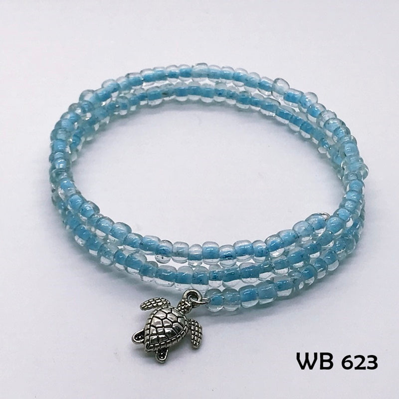 Stone Blue Seed Bead Beach Memory Wire Bracelet With Sea Turtle Dangle