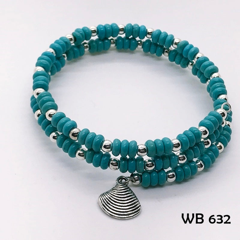 Teal and Silver Beach Memory Wire Bracelet with Silver Shell Dangle