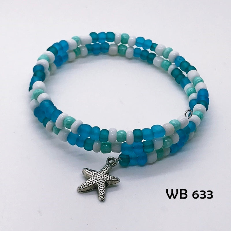 Shades of Blue & White Seed Bead Beach Memory Wire Bracelet with Starfish Dangle