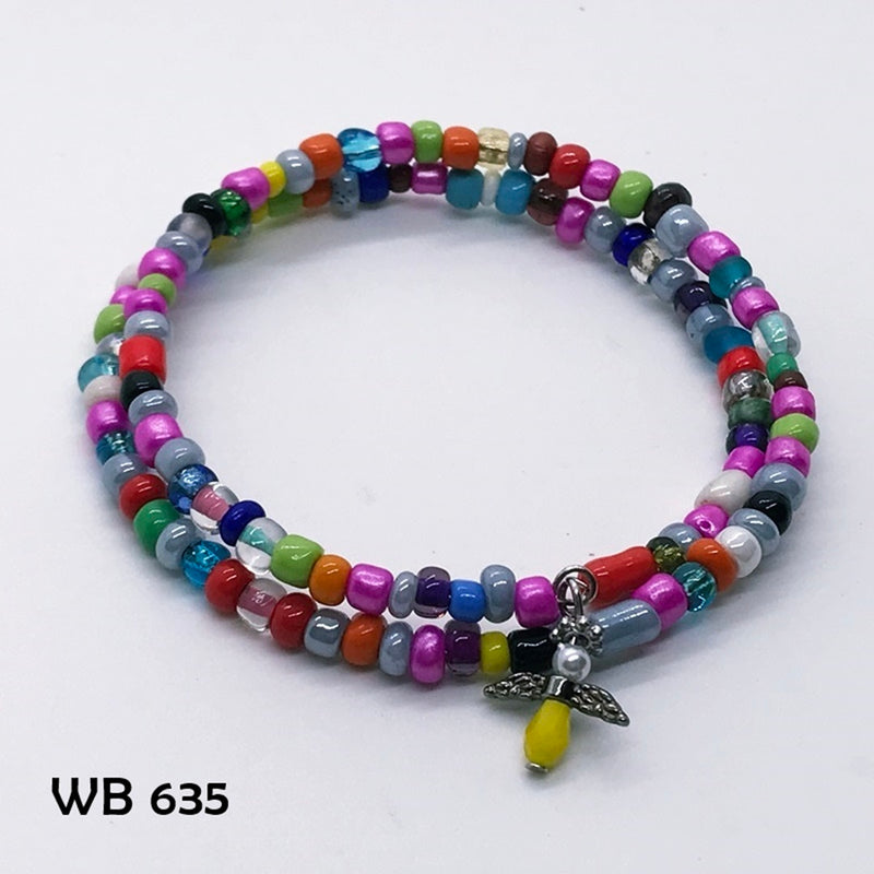 Multi-Colored Glass Seed Bead Memory Wire Bracelet With Crystal Angel Dangle