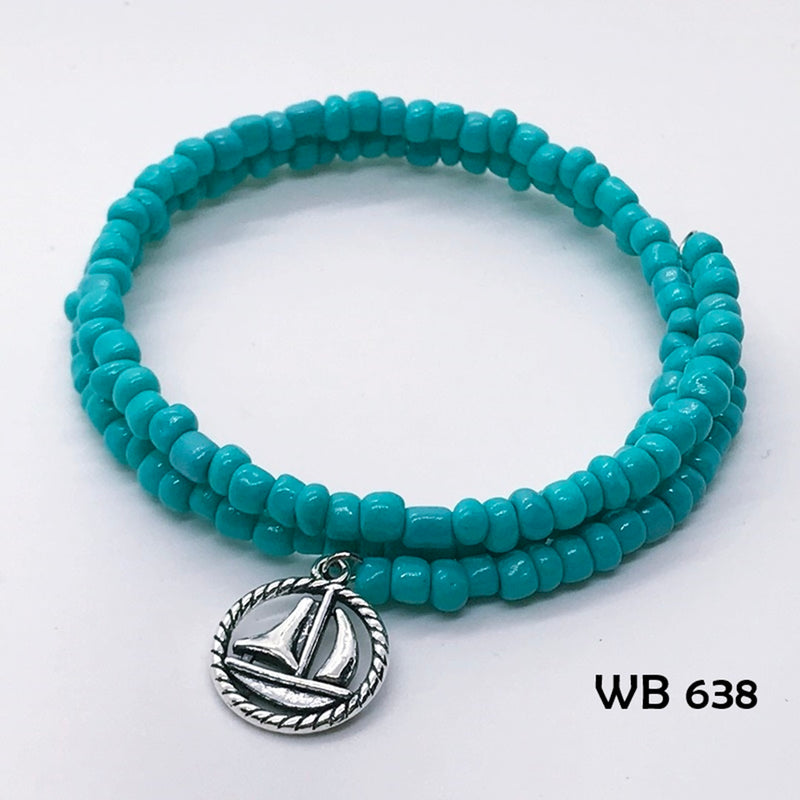 Teal Seed Bead Memory Wire Bracelet with Sailboat Dangle