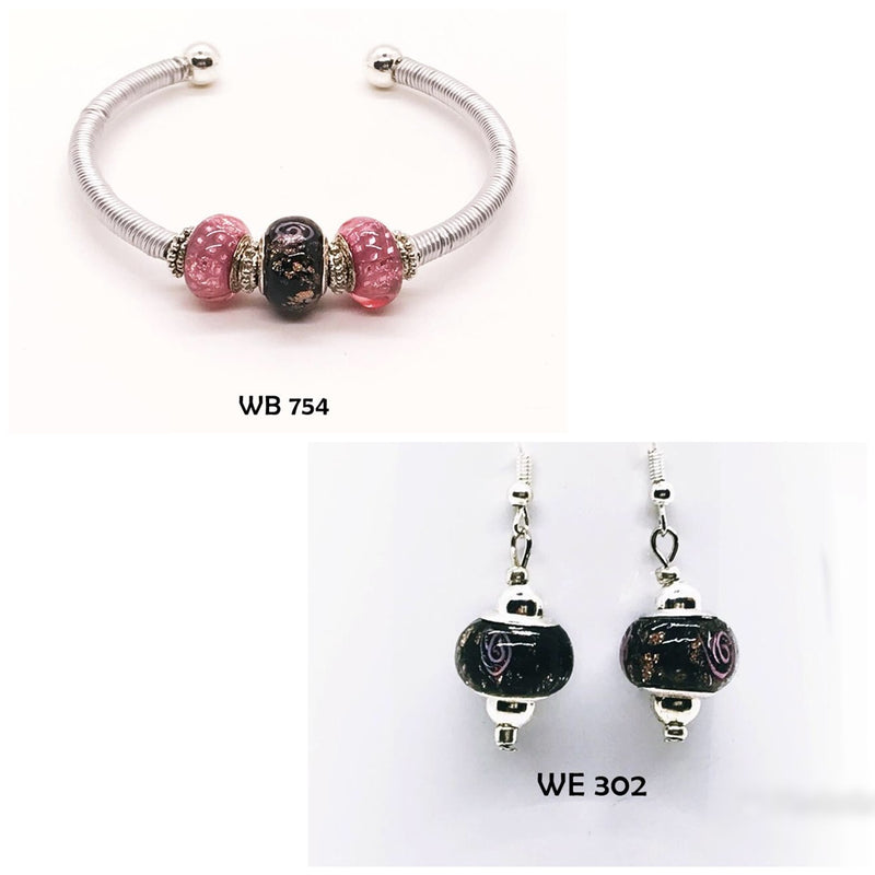 Pink & Black Handcrafted Wire Wrapped Bracelet & Earrings Set