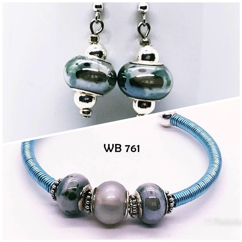 Blue and Gray Handcrafted Wire Wrapped Bracelet & Earrings Set