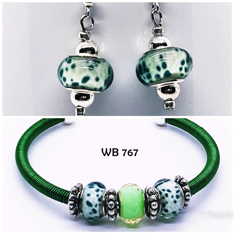 Handcrafted Green and White Wire Wrapped Bracelet with Matching Earrings