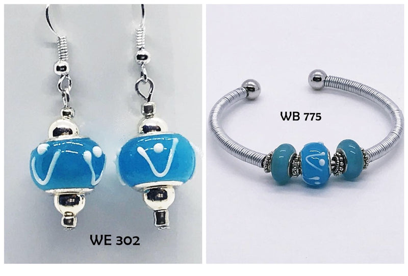 Beachy Turquoise Blue & White Cuff Bracelet with Matching Earrings