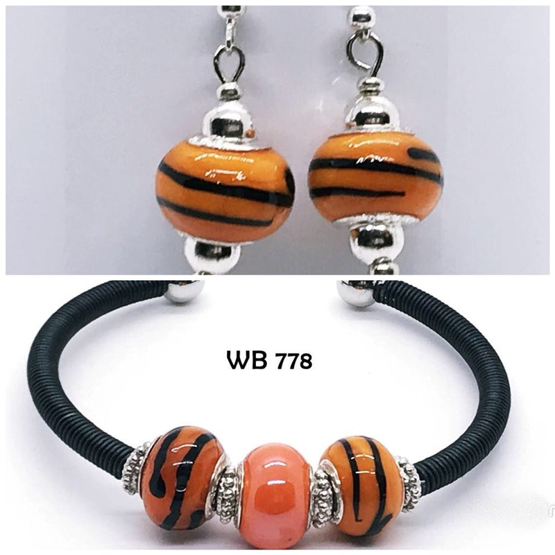 Handcrafted Orange & Black Wire Wrapped Bracelet with Matching Earrings