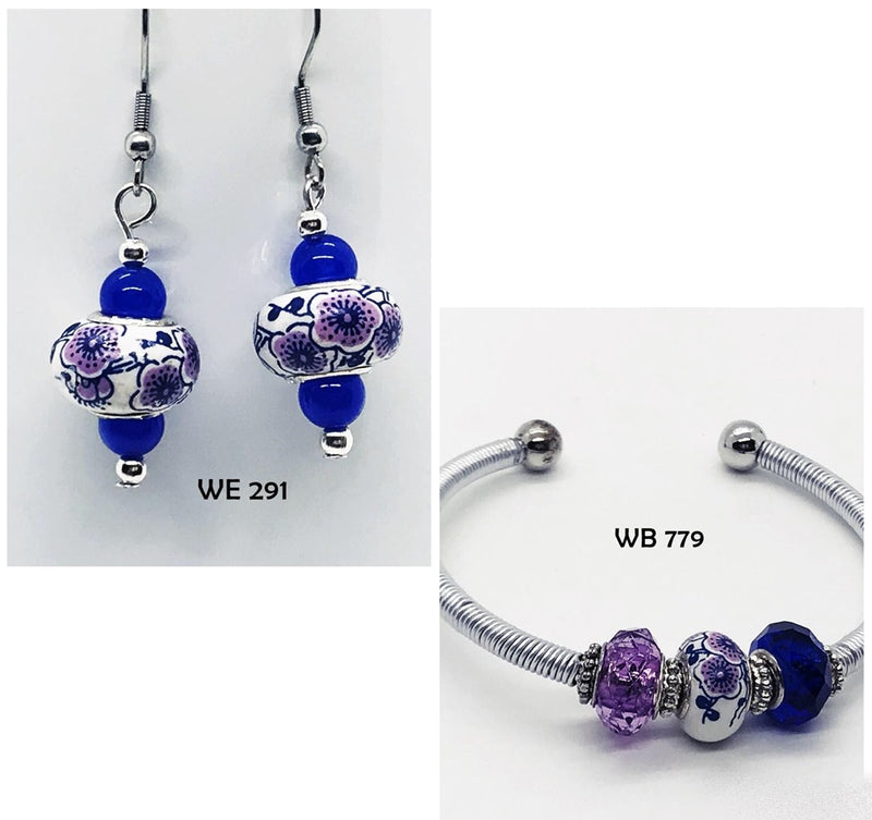 Sapphire Blue, White & Violet Bracelet with Matching Earrings