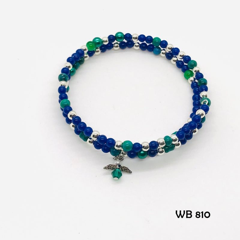 Dark Blue, Green and Silver Memory Wire Bracelet with Guardian Angel Dangle