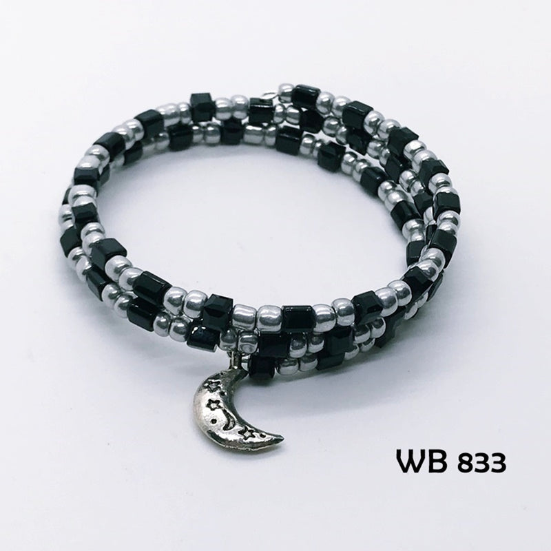 Black Crystal Cube Moon & Stars  Memory Wire Bracelet