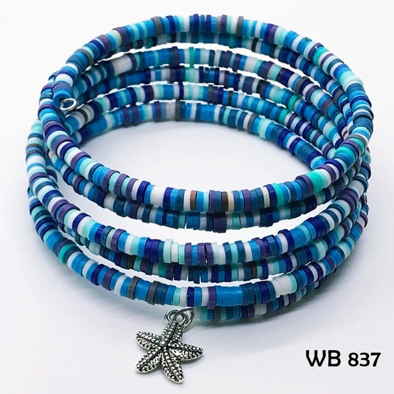 Shades of Blue Polymer Clay Bead Memory Wire Bracelet with Starfish Dangle