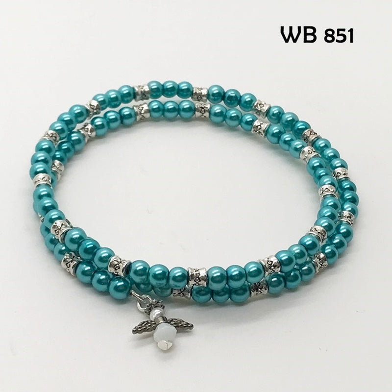 Teal Glass Pearl Memory Wire Bracelet with Guardian Angel Dangle