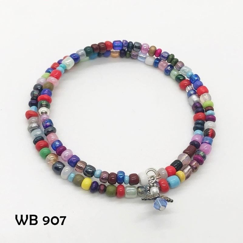 Multi-colored Glass Seed Bead Memory Wire Bracelet with Angel Dangle