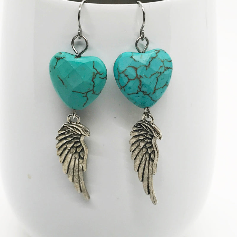 Howlite Heart with Guardian Angel Wing Charms Earrings