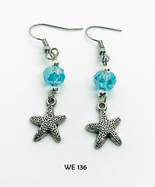 Blue Crystal Starfish Earrings with Hypo-Allergenic Surgical Steel Ear Wires