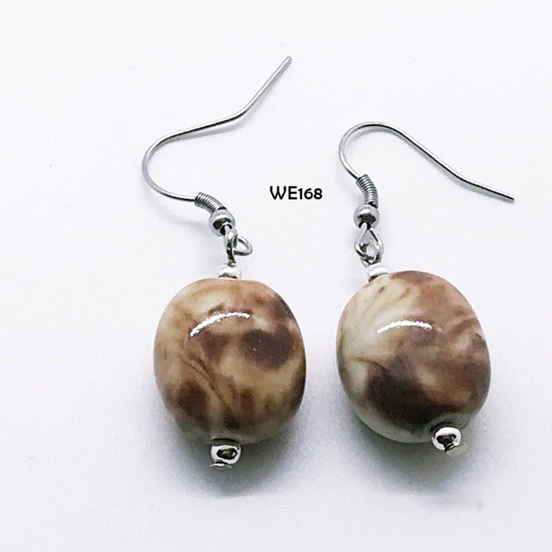 Cream and Brown Ceramic Bead Dangle Earrings with Hypo-Allergenic Ear Wires