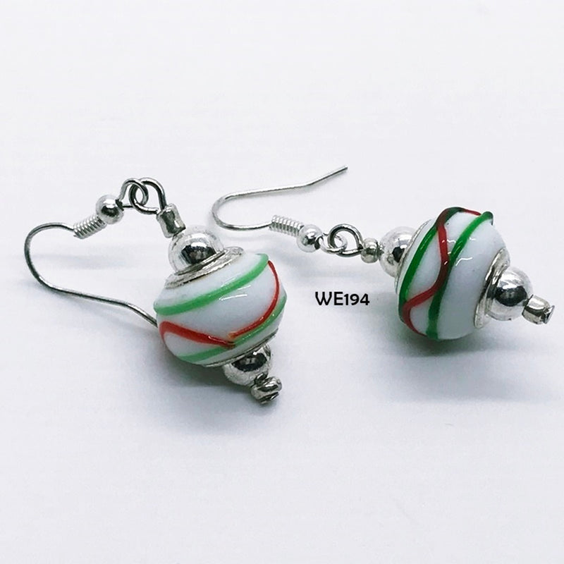 Red White and Green Glass Bead Earrings with Hypo-Allergenic Ear Wires