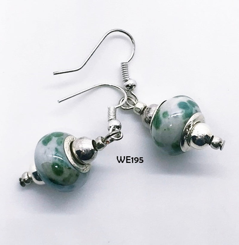 Moss Green & Baby Blue Flower Glass Bead Earrings