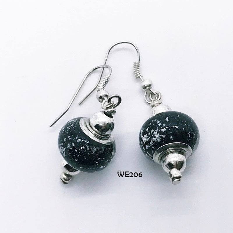 Black and White Speckled Glass Bead Earrings with Hypo-Allergenic Ear Wires