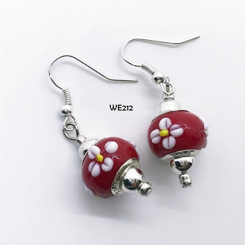 Red and White Flower Glass Bead Earrings with Hypo-Allergenic Ear Wires