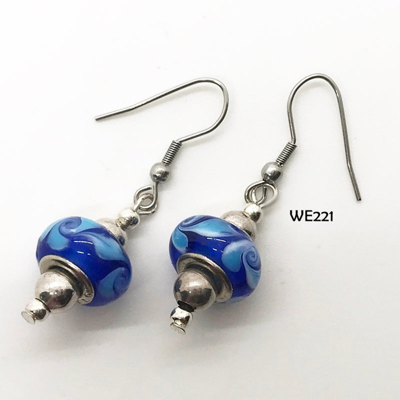 Blue Ocean Swirl Glass Bead Earrings with Hypo-Allergenic Ear Wires