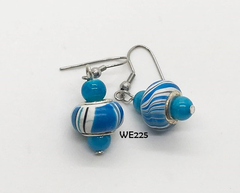 Bright Blue and White Swirl Wood Bead Earrings with Hypo-Allergenic Ear Wires