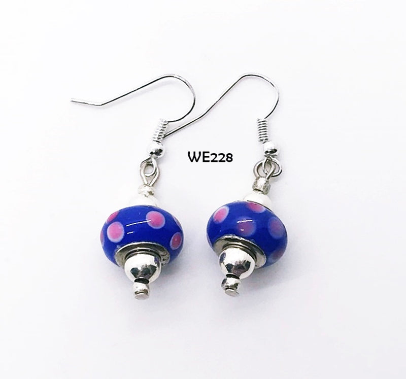 Royal Blue, Pink & White Glass Bead Earrings