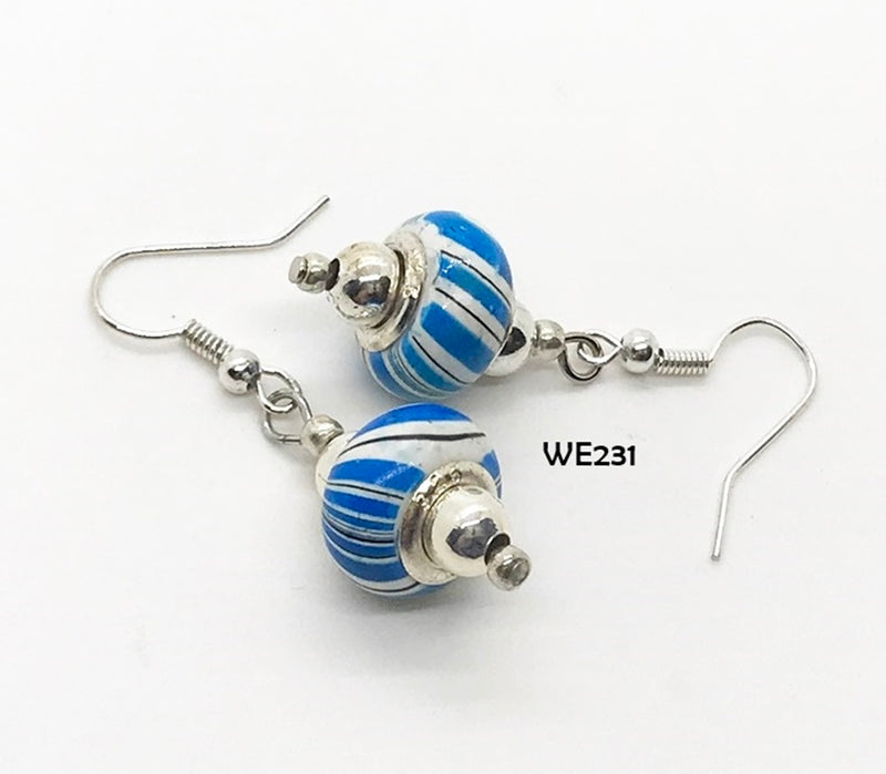 Blue and White Swirl Wood Bead Earrings