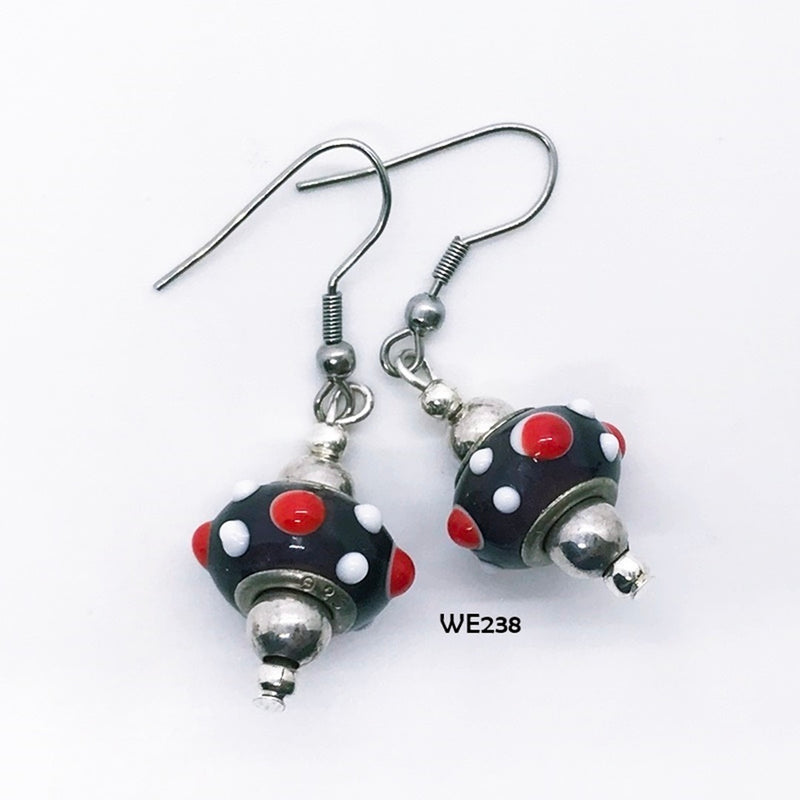 Black White & Red Glass Lamp Work Bead Earrings