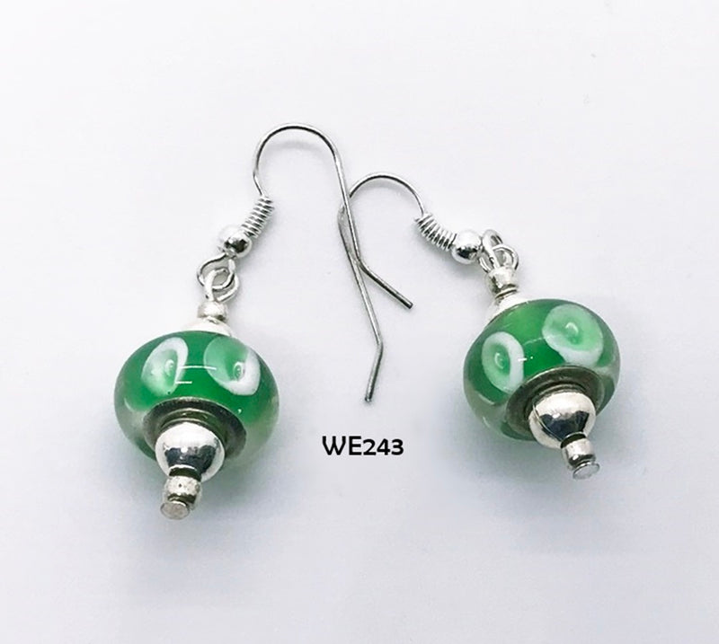 Emerald Green & White Glass Bead Earrings