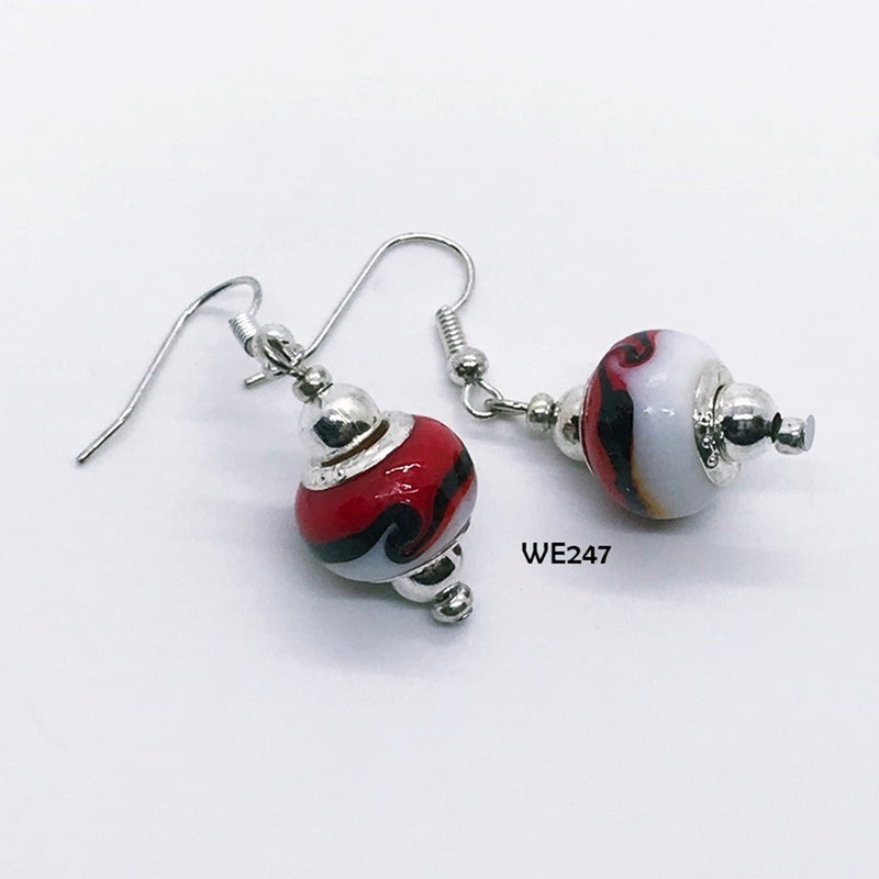 Fire Engine Red Black & White Wave Glass Bead Earrings