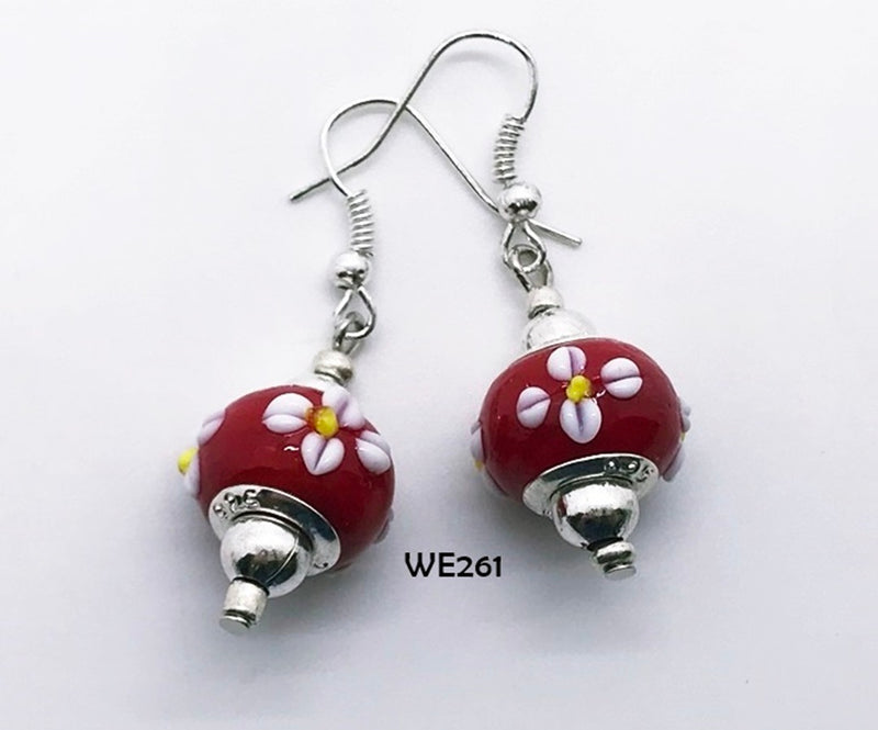 White Flowers on Red Glass Bead Earrings with Hypo-Allergenic Ear Wires