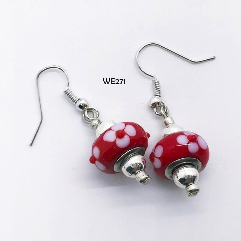 Red Flower Glass Bead Earrings with Hypo-Allergenic Ear Wires