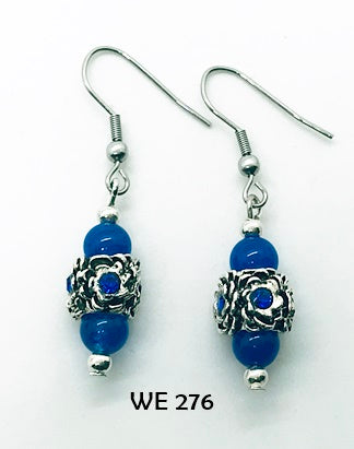 Blue Crystal and Glass Bead Earrings with Hypo-Allergenic Surgical Steel Ear Wires