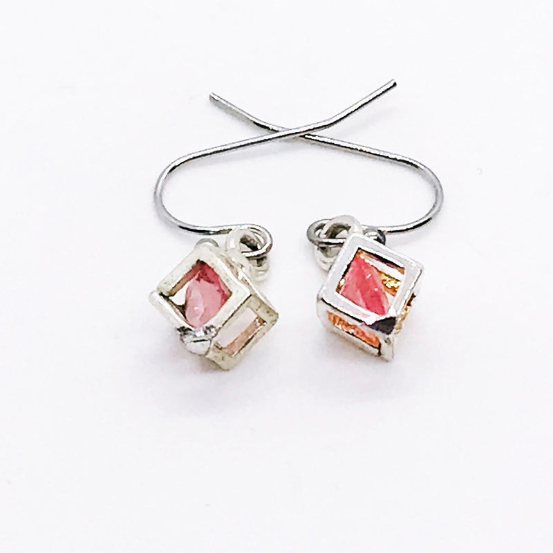 October Birthstone - Pink Tourmaline Colored Crystal in .925 Silver Cage on Surgical Steel Ear Wires