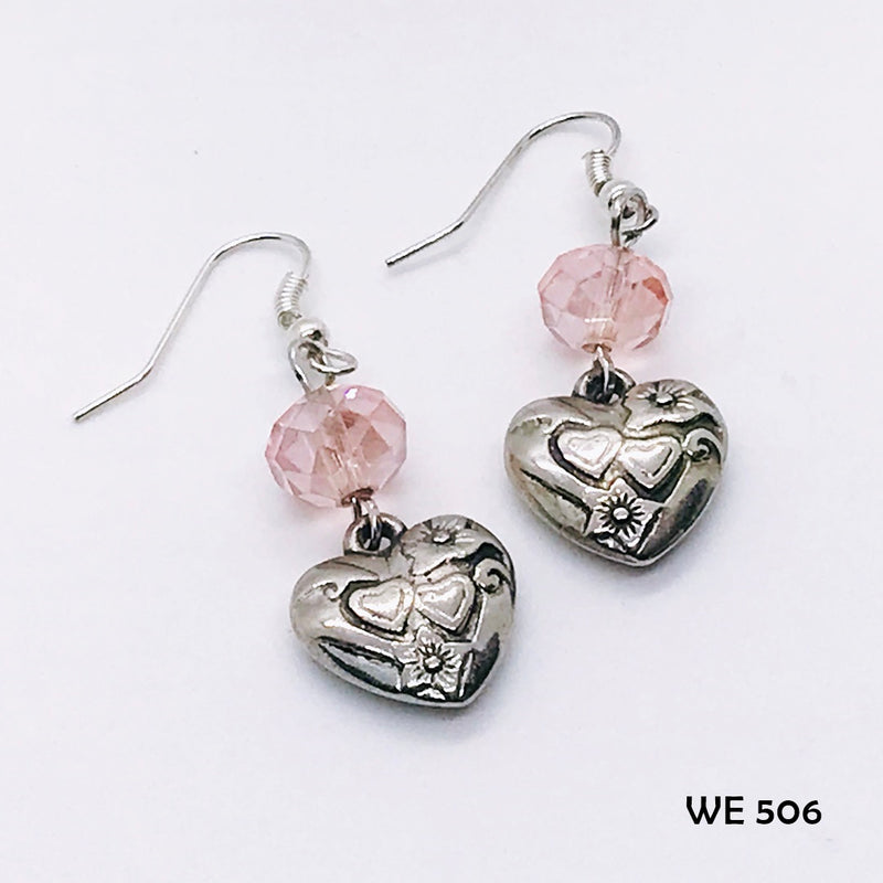 Pale Pink Faceted Crystal Heart Dangle Earrings