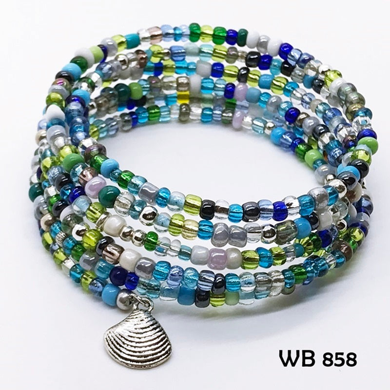 Multi-Color Seed Bead Beach Memory Wire Bracelet with Seashell Dangle